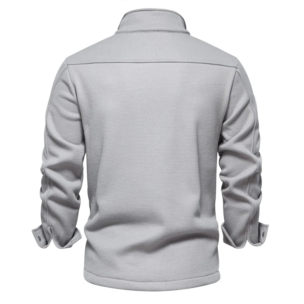 Autumn Winter Fleece Waffle Lapel Zip-Up Jacket Men's Pocket Casual Outerwear