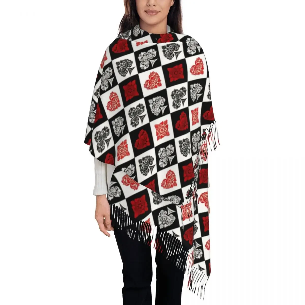 Women's Tassel Scarf Card Suits Poker Red Black Long Winter Warm Shawl and Wrap Aesthetics Gifts Pashmina Scarves