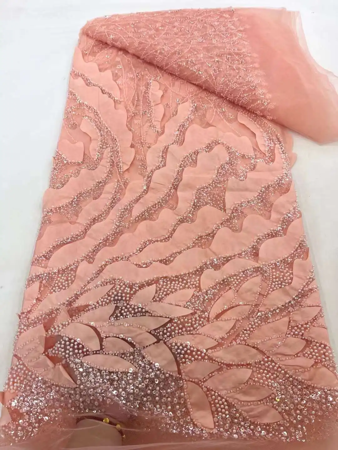 

Peach African Sequins Lace Fabric 3D Fabric 2024 High Quality Lace Groom Embroidered Nigerian Net Lace Fabric for Sewing 5 Yards