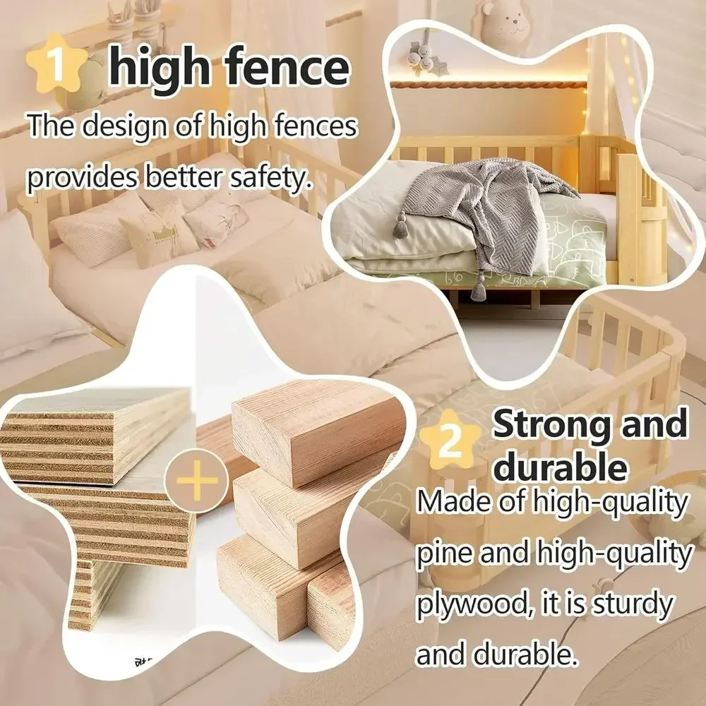 Twin XL Platform Bed with Detachable Footboard, Solid Wood Daybed, Safety Guardrails, Suitable for Kids and Teens, Natural Finis view 5