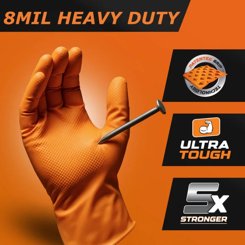 50PCS Heavy Duty 8Mil Orange Nitrile Gloves Disposable Raised Diamond Texture Gloves for Construction Industrial Mechanic Auto