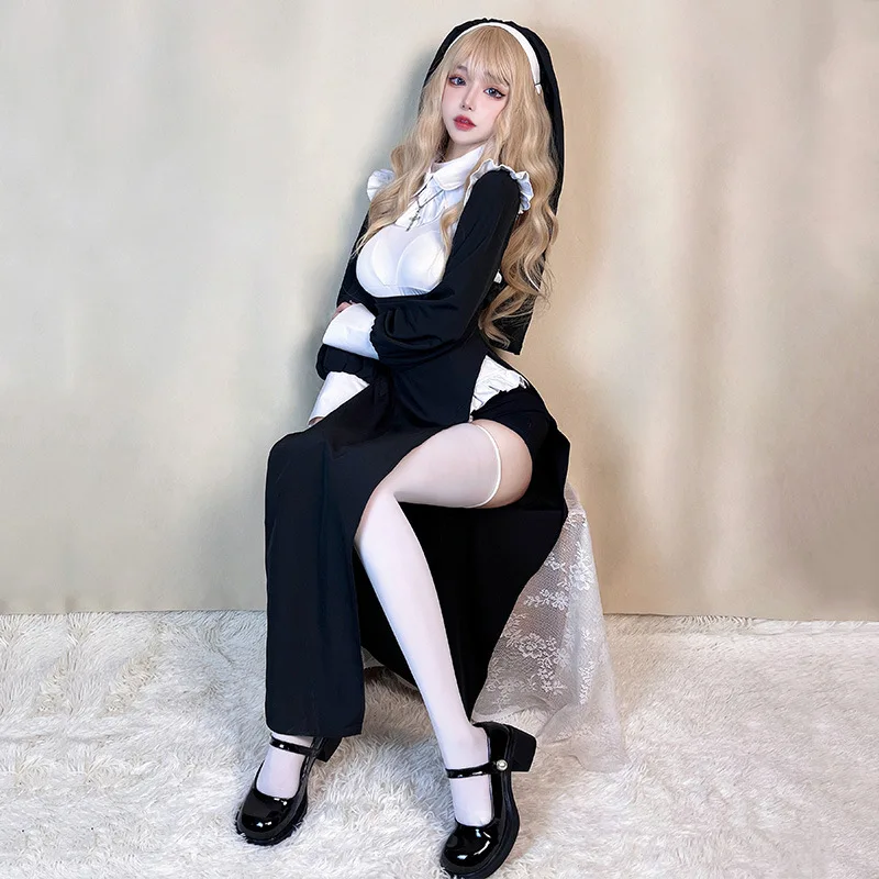 

Large S-3XL Nun Cosplay Costume Traditional Adult Valak Black Religious Robe Suit Halloween Party Demo Nun Performance Clothes