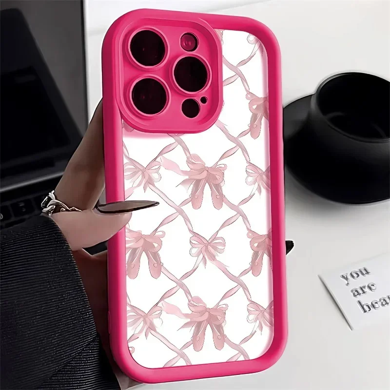 Korean Cute Pink Bowknot Silicone Phone Case For iphone 15 14 13 12 11 Pro Max 7 8 Plus XR XS SE X Candy Lens Protectiou cover