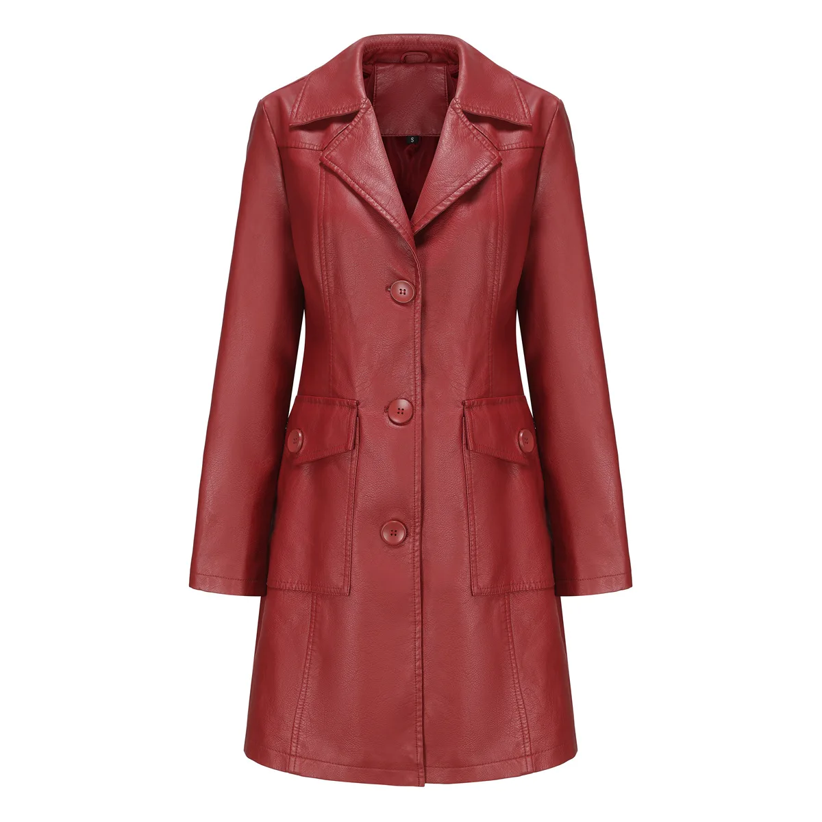 Veste en cuir à lacets taille longue pour femme, rouge, manches longues, revers, PU, coupe-vent, mode féminine, pardessus à boutonnage simple