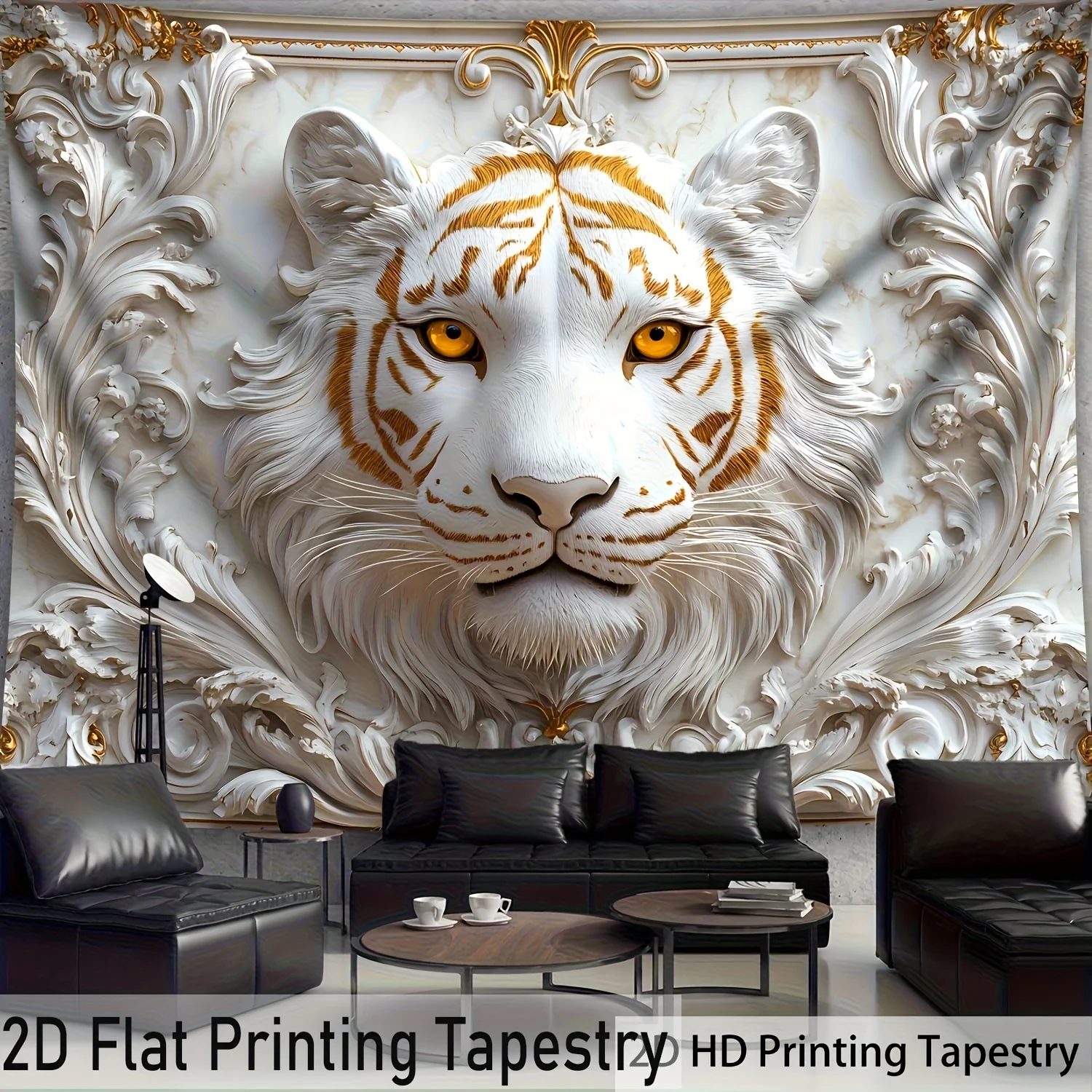 Luxury White Tiger Scene Tapestry Gold Ornament Background Elegant Decor Wall Hanging for Living Room or Bedroom Decoration
