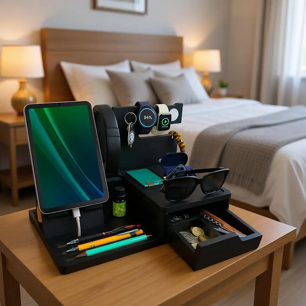 

Органайзер для прикроватной тумбочки - док-станция, уникальный подарок, настольный органайзер для часов, кошелька и аксессуаров (черный)