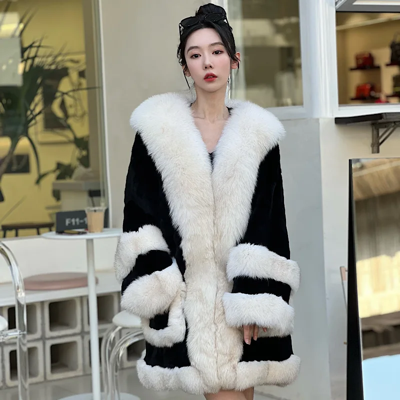 

2023 Women Real Rex Rabbit Fur V-Neck Coats With Fox Lapel Collar Natural Whole Skin Genuine Medium Jackets Overcoat Luxury