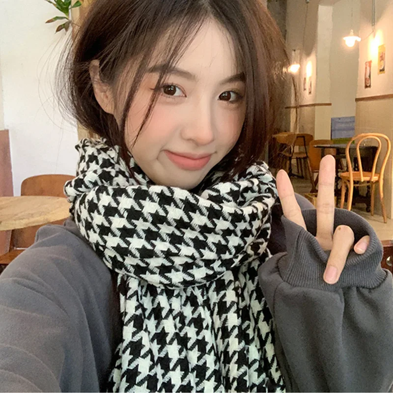 Houndstooth Scarf Set Luxury Fringe Unisex Winter Warm Couple Gift Day to Night