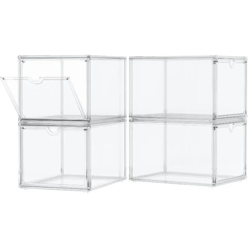 

Clear Plastic Storage Bins, 4 Pack Large Acrylic Case Display Case with Clear Magnetic Door, Clear Storage Bin Sneaker Organizer