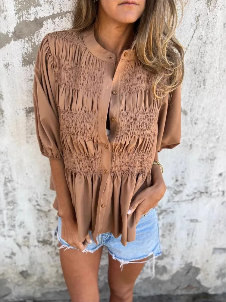 

New Spring Loose Pleated Top Fashion O Neck Puff Sleeve Shirts For Women 2025 Casual Solid Button Vacation Daily Blouse Female