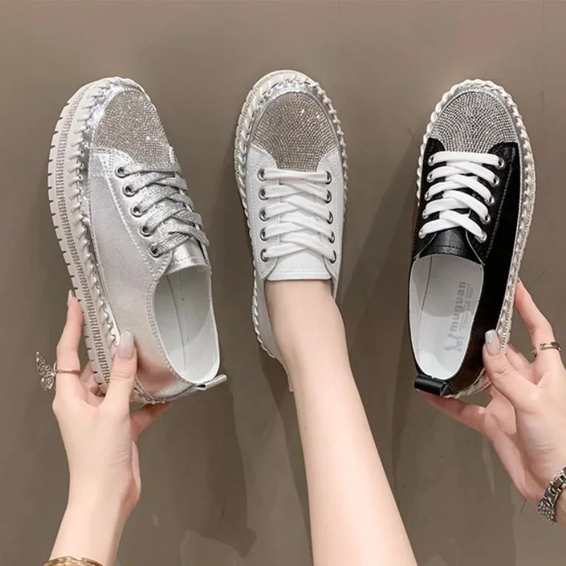 Plus Size 43 Casual Women's Shoes Fashion Lace Up Sequin Flat Shoes for Women Thick Soled Elevated White Shoes Sneakers Women