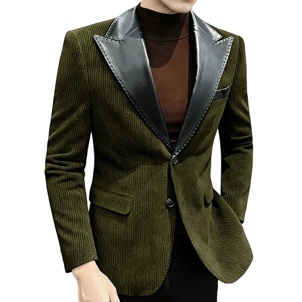 Blazer da uomo in velluto a coste stile britannico Giacca monopetto di alta qualità Cappotti impiombati con collo in pelle PU moda