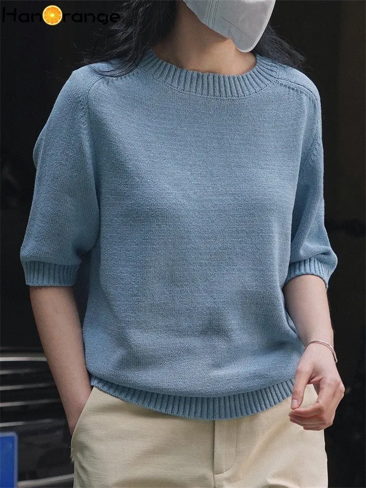 

HanOrange 2026 Spring Vintage O-neck Knit T-shirt Women Comfortable Loose Knitting Top Tees Female Retro Off-white/Blue