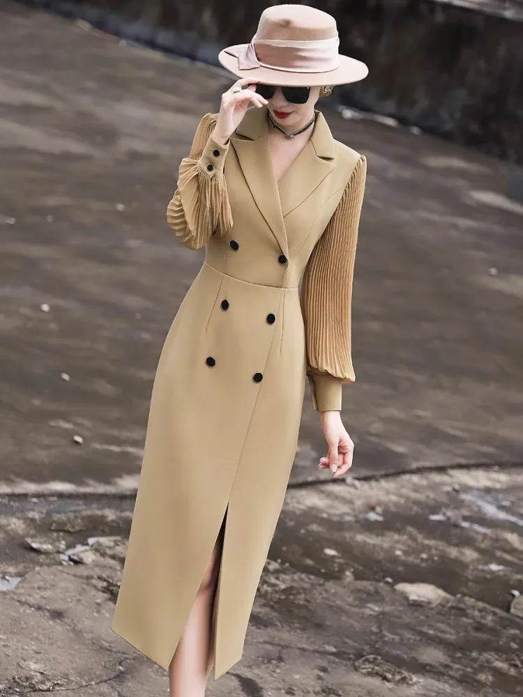 High End Long Sleeved Suit Dress, Women\'S Spring And Autumn Temperament, Commuting Slim Fit Slit Dress