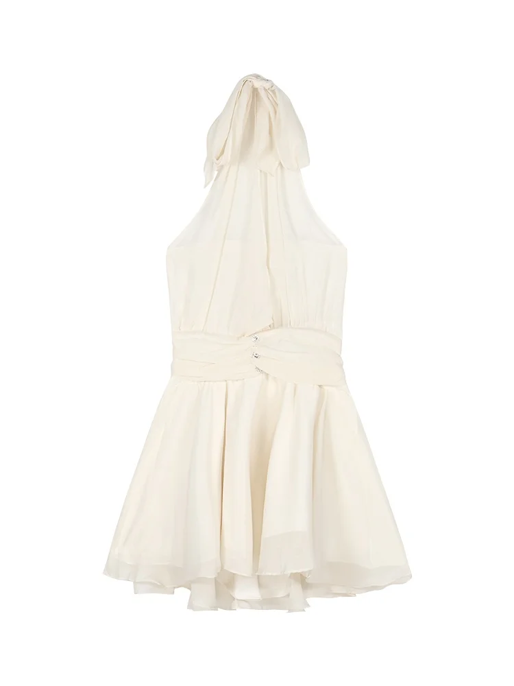 E Vestido Blanco de Gasa con Cuello ter para Mujer, Ajustado a la Cintura, Estilo Sexy y Puro, Sin Mangas, Línea A,...