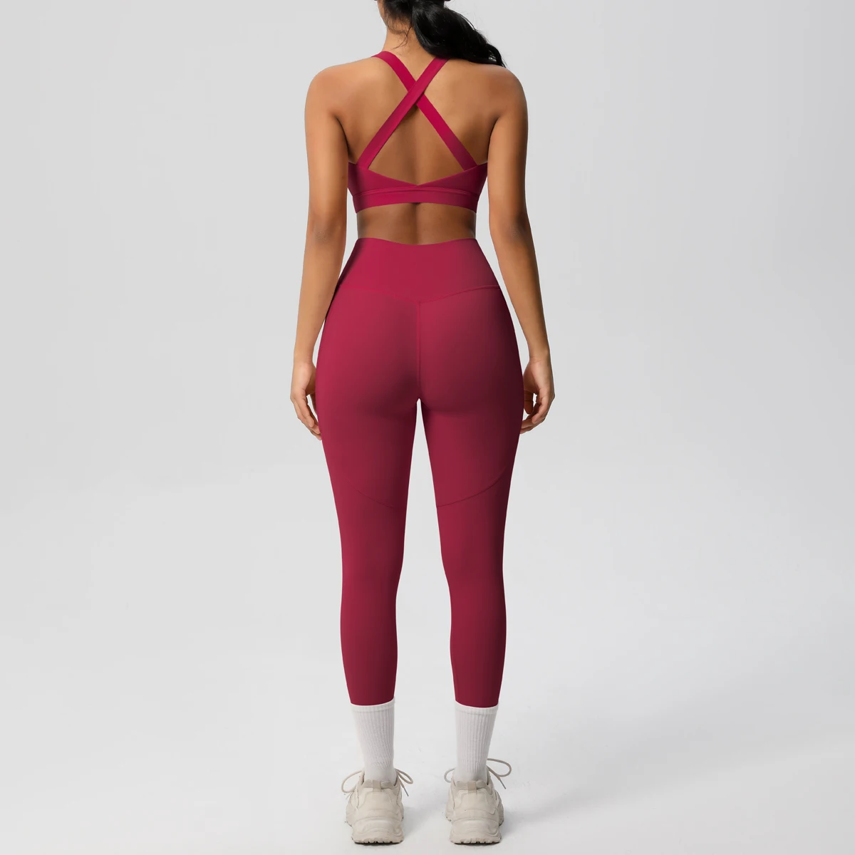 

Female Gym Sports Yoga Set Shockproof Sexy Backless Workout Top Solid Color High Waisted Quick Drying Yoga Pants With Pockets