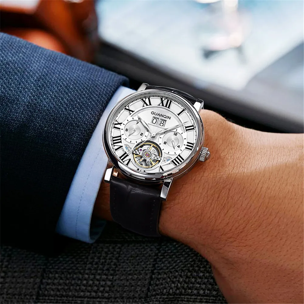 GUANQIN Men's Luminous Leather Mechanical Wristwatch Sapphire Crystal Waterproof Automatic Self-wind Military Tourbillon Watch