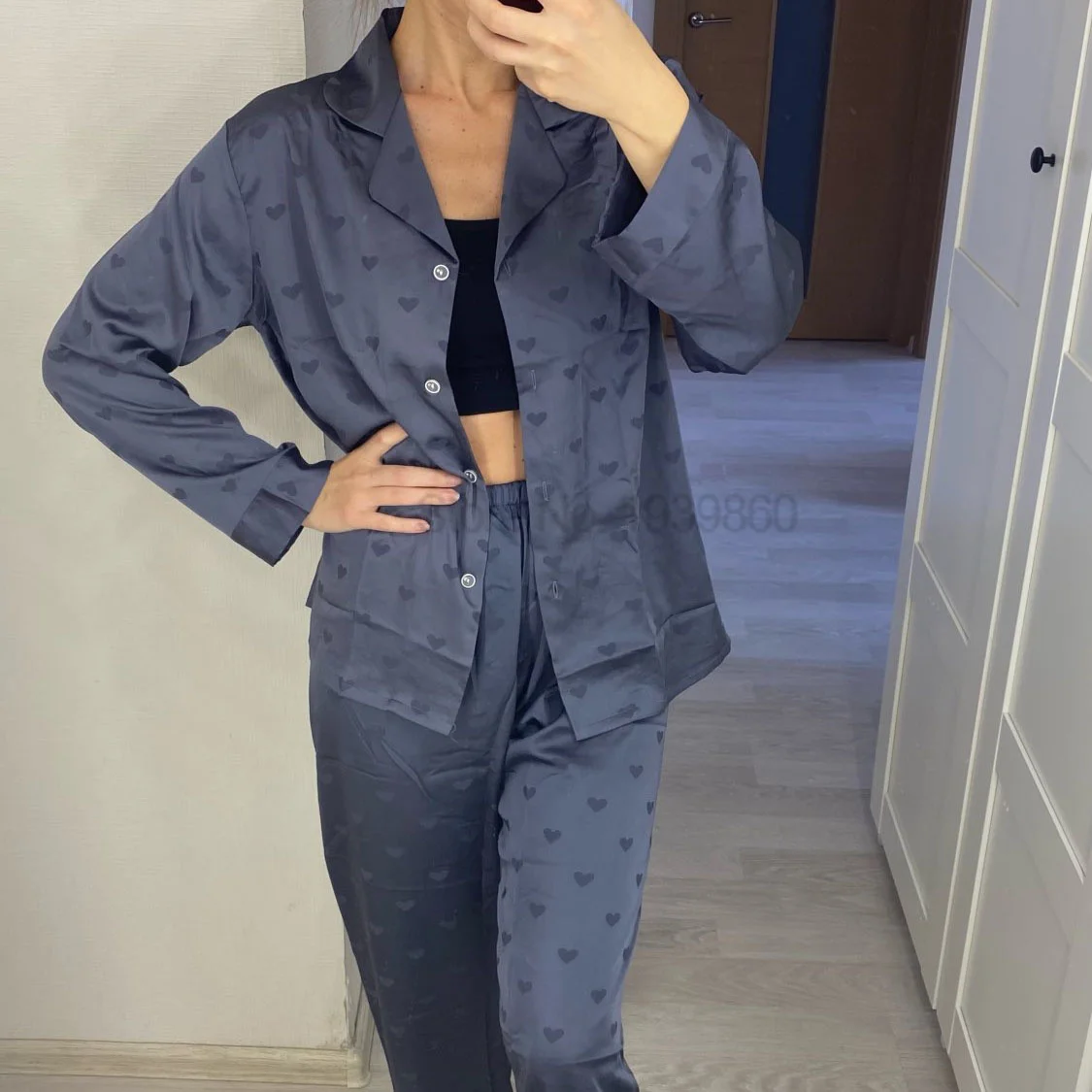 Conjunto de pijama de seda de imitación para mujer, ropa de dormir de satén, conjunto de camisa y pantalones de 2 piezas, Jacquard Love