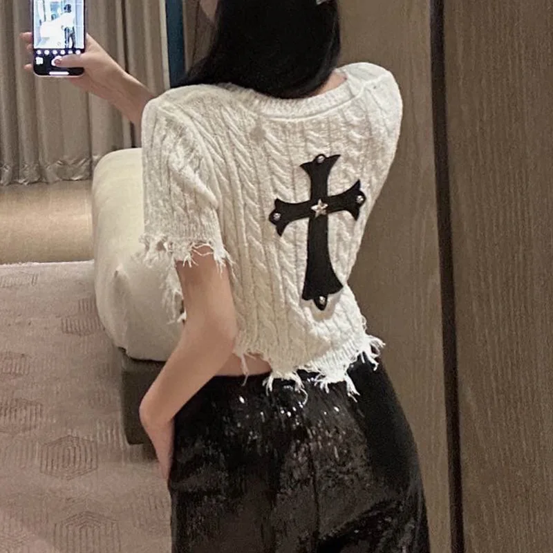 

Irregular Cross Sweater Women's New Summer Slim and Slim and Versatile Design Sense Raw Edge Knitted White