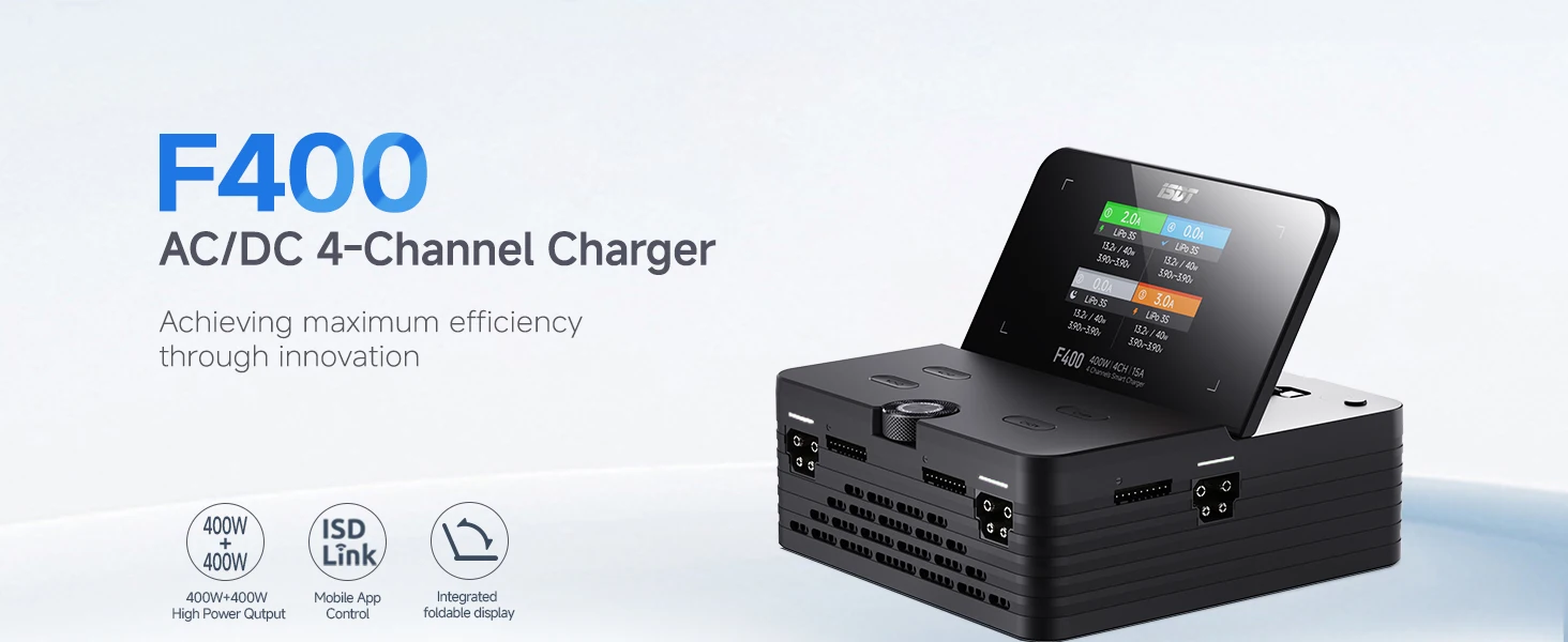 ISDT F400 AC/DC four-channel charger with high power and dual-mode input, all-in-one foldable screen