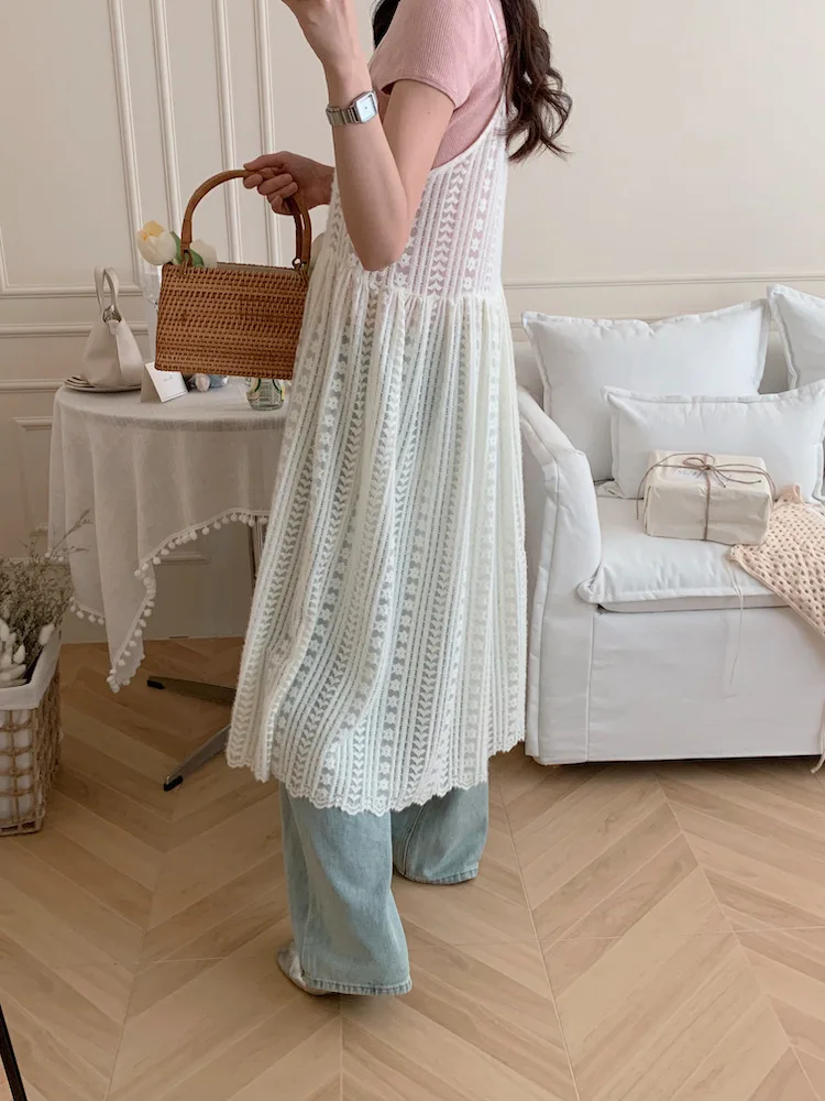 Women Sleeveless One-piece Dress Summer Clothes 2024 New Chic Korean Popular Style Female See Through White Lace Cami Dress