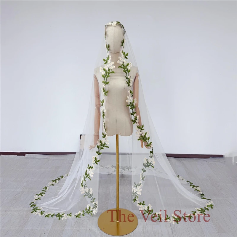 

Mantilla Chantilly Floral Wedding Bridal Veils Cathedral For Brides Green Leaves Yellow White Flowers Uinique Ivory Tulle Short