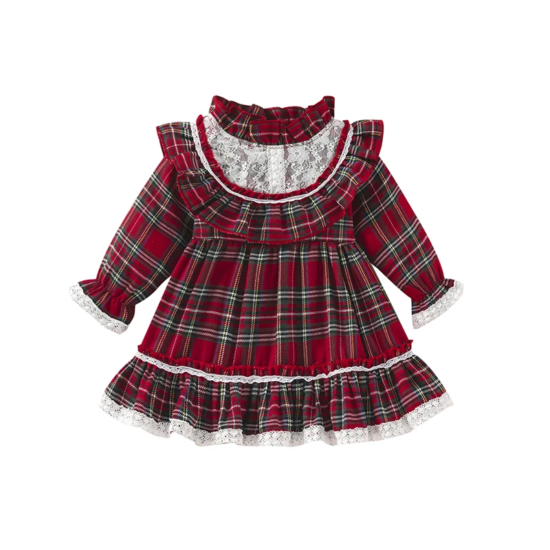 Girls Fall Casual Dress Plaid Lace Patchwork Stand-Up Collar Flounce Long Sleeve Dress with Ruffle Hem for Kids 1-7 Years