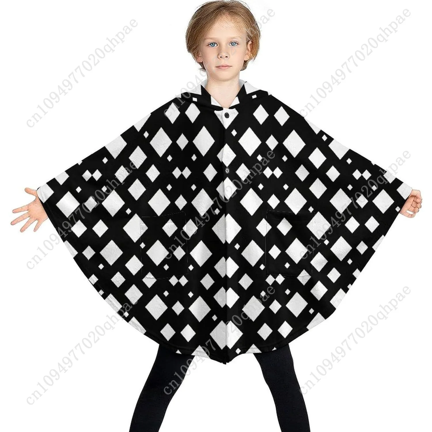 Уютный фланелевой свитер-одеяло, черно-белая квадратная толстовка с геометрическим рисунком и карманами для детей и подростков