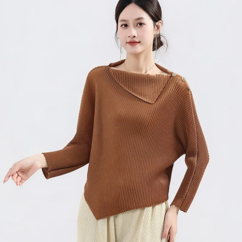 

Miyake Pleated T-shirt 2026 New Loose Irregular Women Tops Simple Casual Daily Commuter Office Clothing Large Size with Stretch