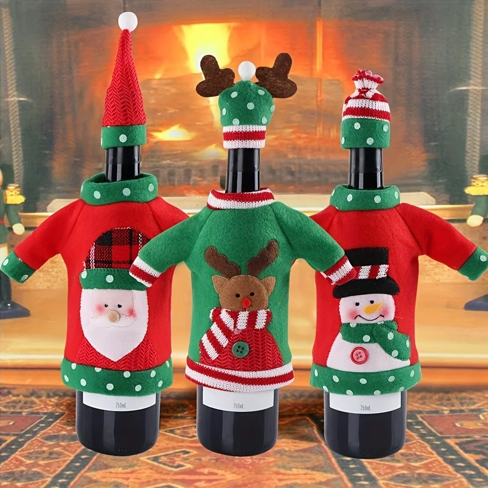 1pc Christmas Wine Bottle Cover Knitted Sweater Cap Xmas Party Dinner Table Decor Santa Claus Champagne  Decorations For Home