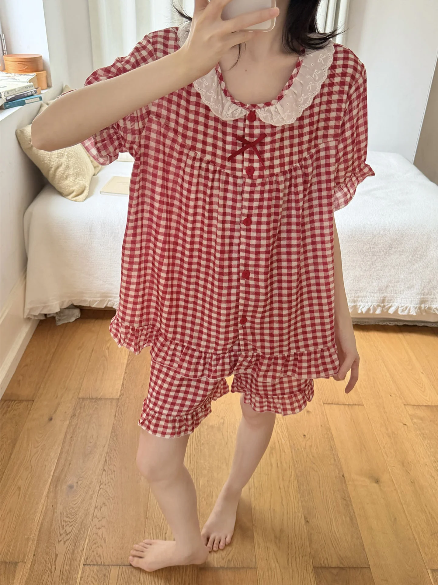 korean-style-sweet-plaid-sleepwear-women's-summer-new-cotton-silk-short-sleeve-home-clothes-suitable-for-outdoor-casual-scena