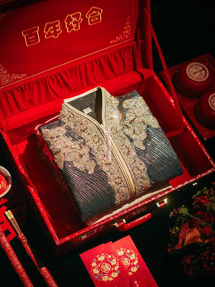 Traje Tang tostado para novio chino, conjunto de matrimonio para hombre, bordado Vintage Oriental, ropa Hanfu para celebración de boda y novio