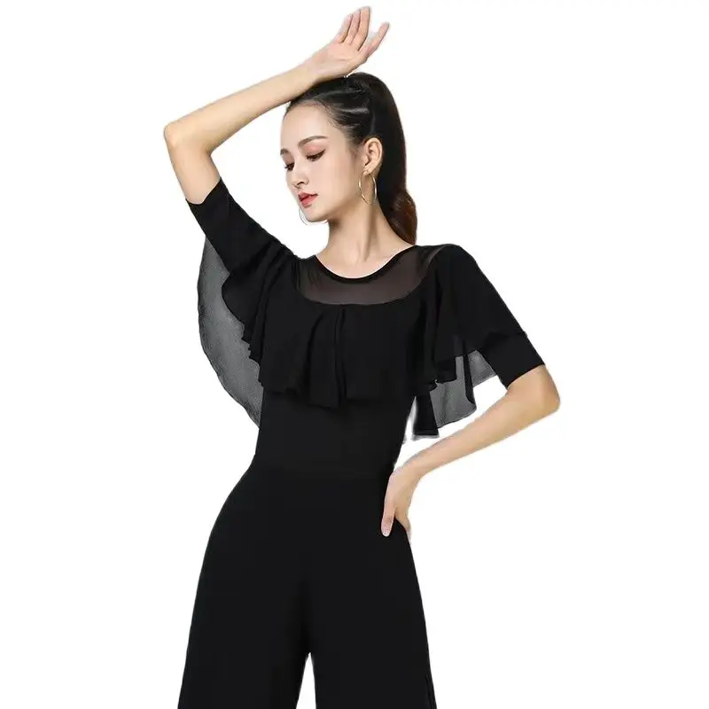 Blusa de vals de manga media larga para mujer, ropa de baile moderno, leotardo de baile latino de salón, Tops