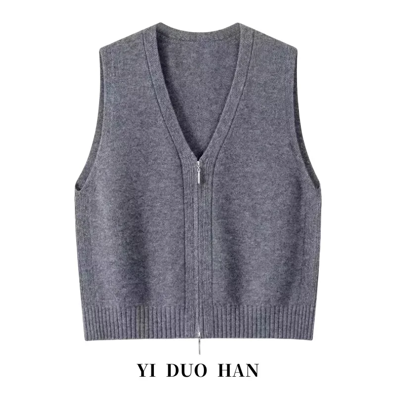 Fashionable V-Neck Knitted Sweater Vest Women's Outerwear Spring Autumn Layering Top Zipper Style Warmth Comfortable Fit