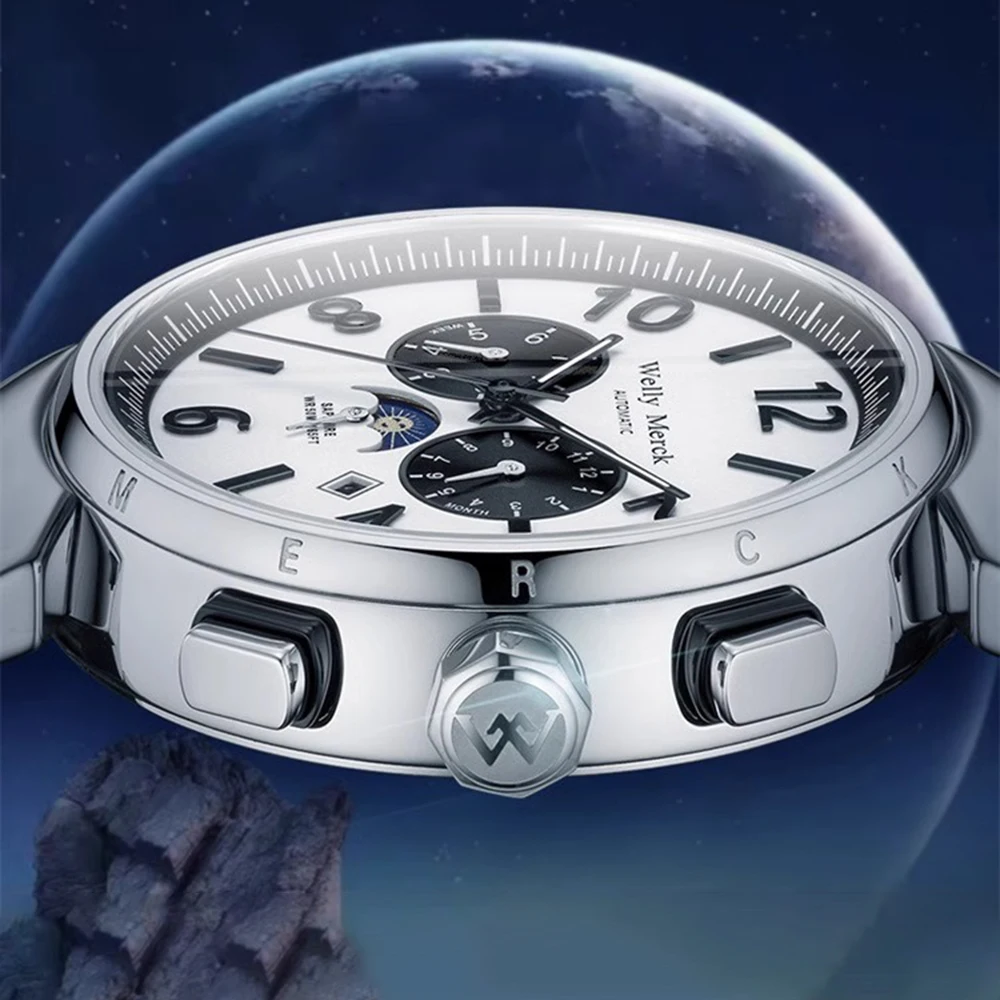 Luxury Automatic Watch Men Moon Phase Watches Fashion 44mm Business Mechanical Wristwatches Luminous Clock Top Brand Welly Merck