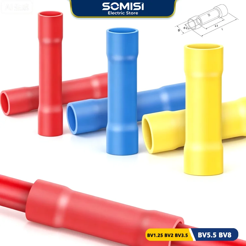 10~200P  BV1.25 BV2 BV3.5 BV5.5 BV8 PVC Copper Tube Electrical Cable Straight Butt Wire Terminals Splice Insulated Crimp Suppliy
