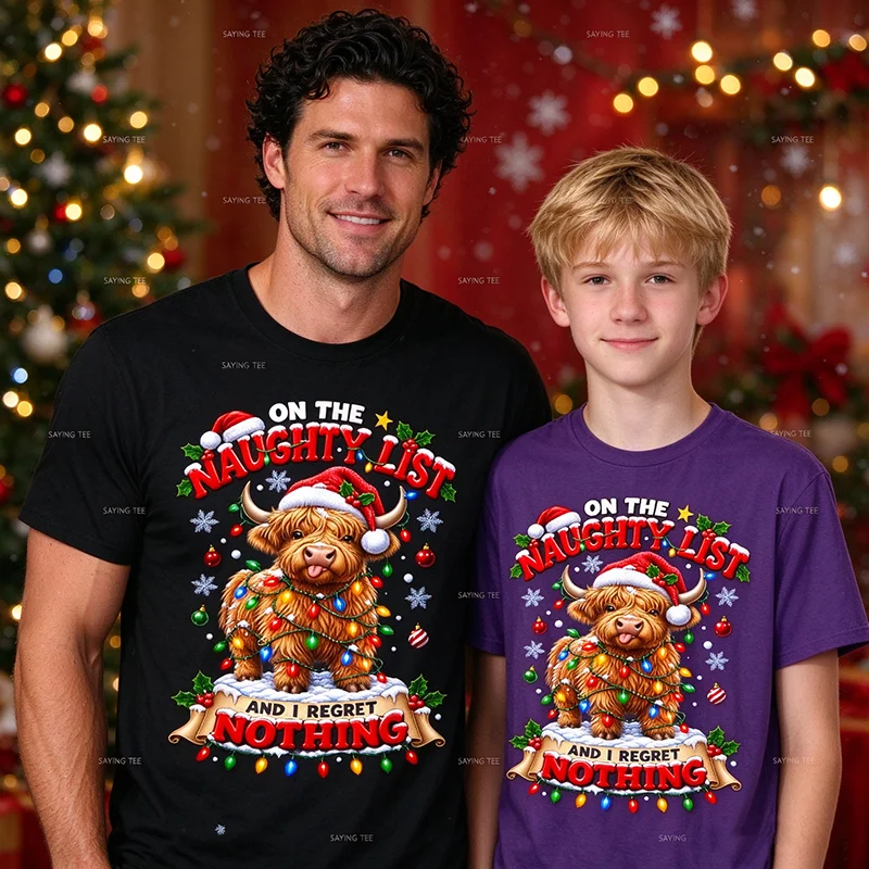 On The Naughty List and Reget Nothing Christmas Highland Cow T Shirt Y2k Highland Cows Graphic Apparel Xmas Costume Novelty Gift