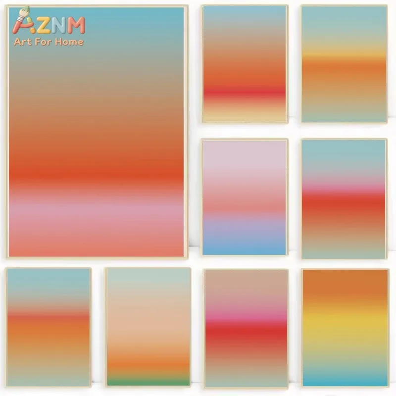 AZNM Art mural sur toile abstrait moderne avec dégradé d'aura, impression minimaliste bohème coucher de soleil ombré, décoration esthétique colorée sans cadre pour la maison