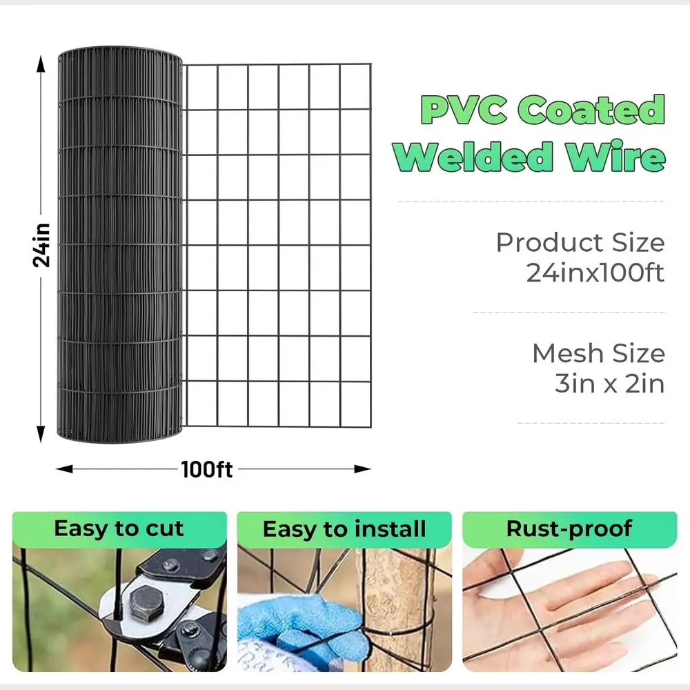 Garden Fence Black PVC Coated Welded Wire Fencing 24 Inch x 100 Foot, 2 Inch x 3 Inch 16GA, Garden Border Fencing Roll Vinyl Coa