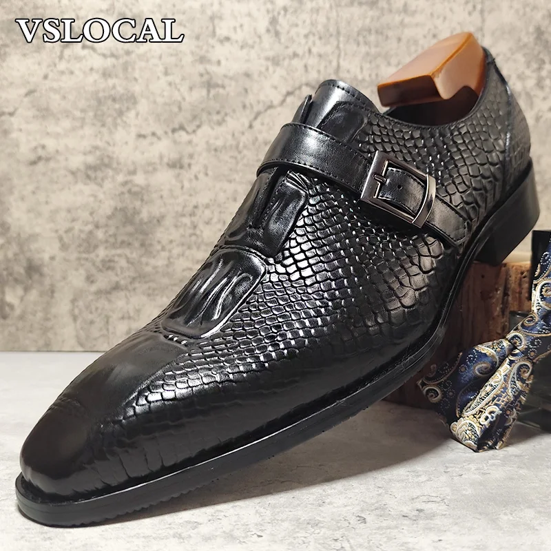 

Luxury Leather Shoes Snake Prints Buckle Strap Slip-On Formal Mens Casual Shoes Black Office Wedding Monk Shoes For Man
