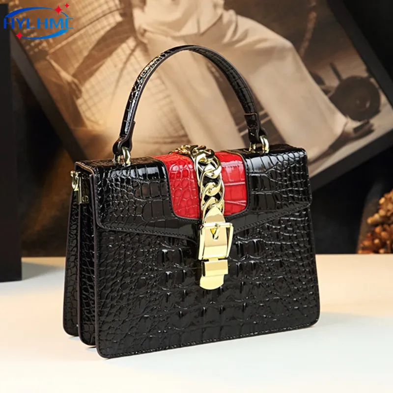 Genuine Leather Women\'s Handbags Luxury Fashion Lady Buckle Shoulder Crossbody Bag Crocodile Pattern Small Square Messenger Bags