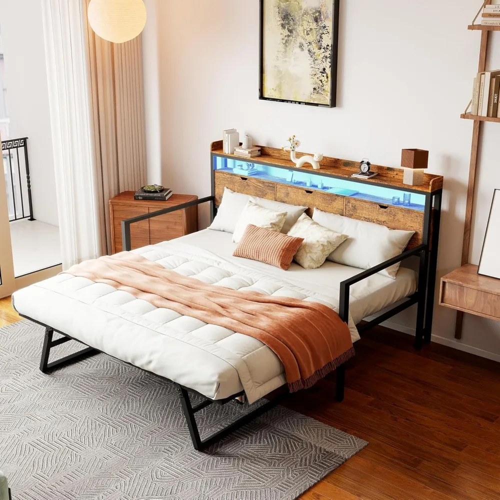 سرير نهاري مع دولاب، سرير مزدوج إلى كينج، سرير نهاري، إطار سرير معدني شديد التحمل مع لوح رأسي للتخزين ومحطة شحن #4