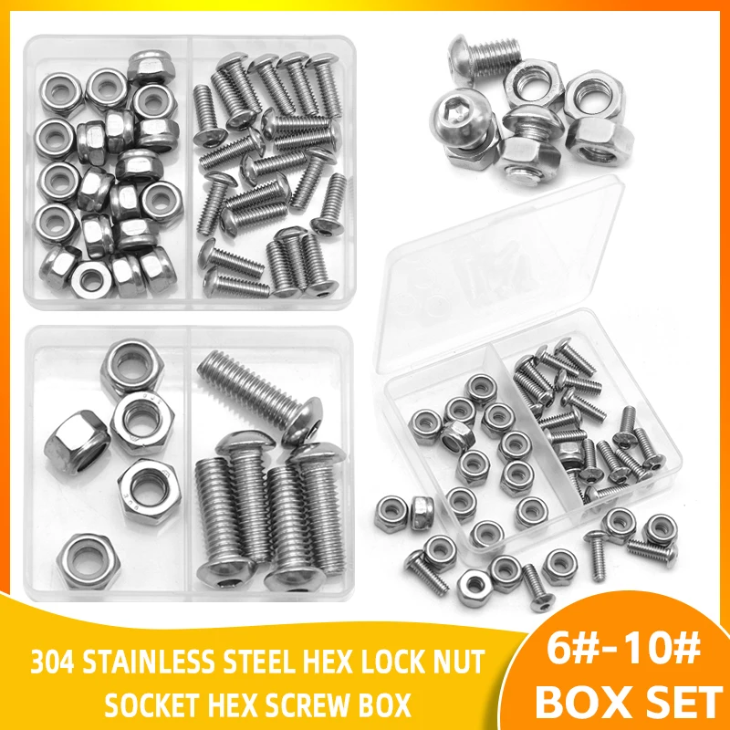 304 Stainless Steel Imperial & US Standard Nylon Lock Nut with Hex Socket Cap Head Machine Screw Anti-Loose 6-32 8-32 10-24 Bolt