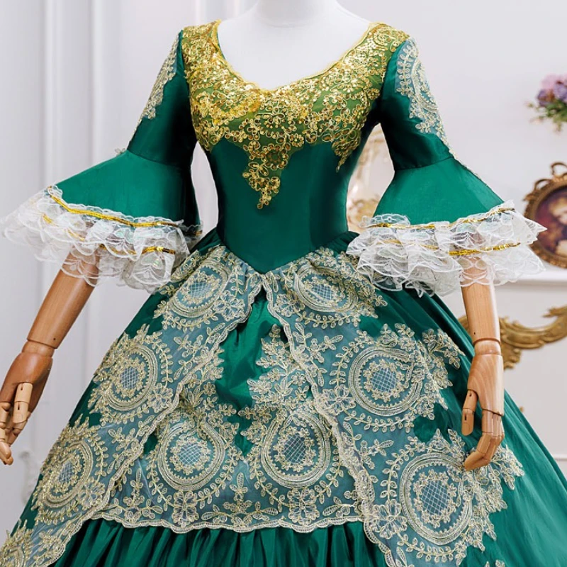 زي المحكمة الساحرة للهالوين الأخضر للسفر والتصوير الفوتوغرافي للملكة النبيلة والدراما والولائم فستان الرقص والسهرة والحفلات الفاخرة