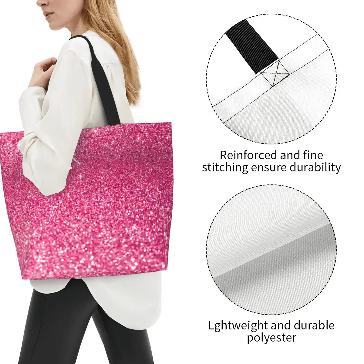 Silver Pink Glitter Sparkle Diamond Grocery Shopping Tote Bags Bling Crystal Canvas Shopper Shoulder Bag Big Capacity Handbags