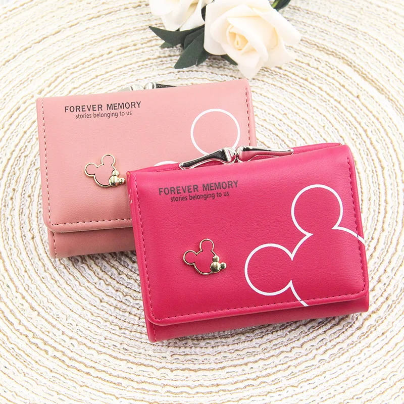 Cartera de cuero PU de Disney para mujer, monedero de Mickey Mouse, patrón de dibujos animados, billetera de tres pliegues, Mini bolso de mano para