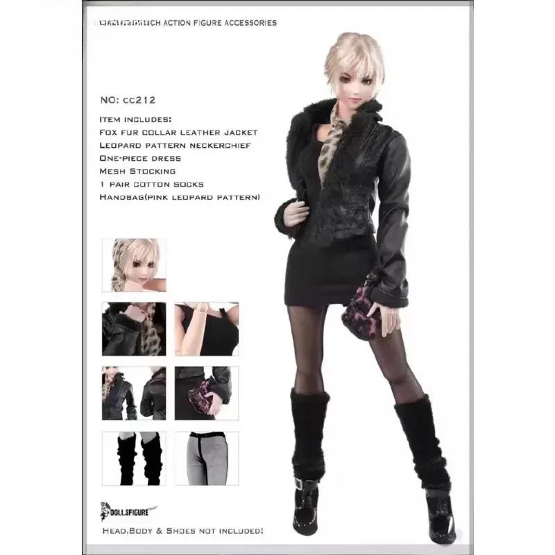 1/6 Scale Female Gothic Pu Leather Jacket W/ Fake Fox Fur Collar Slim Dress Leopard Pattern Scarf for 12