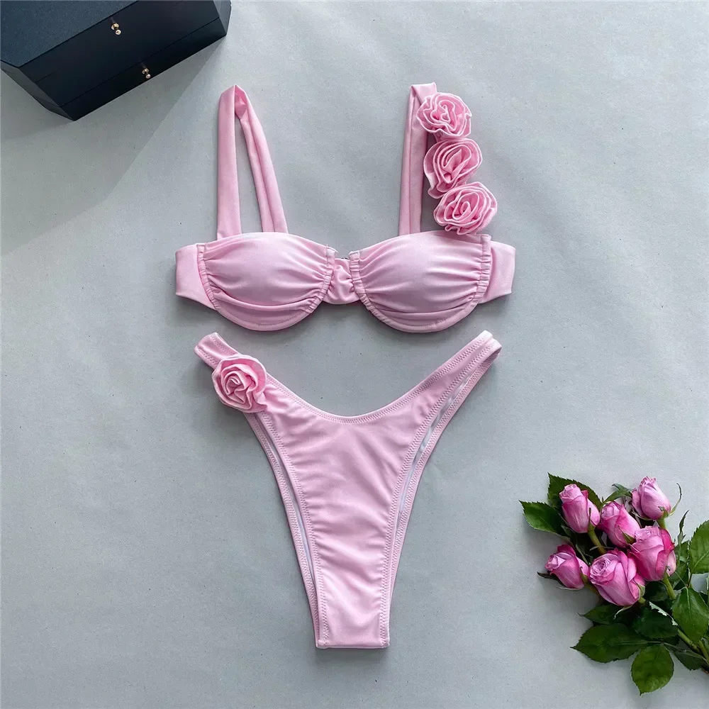 Sexy 3d flor brilhante rosa push up bikini 2025 feminino banho com fio maiô de corte alto conjunto de biquinis enrugados