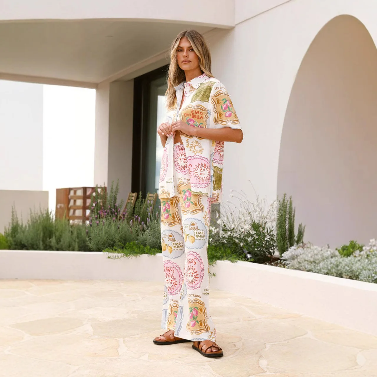 Casual Faion Two-Piece Set with Print ort Sve Holiday Loose Rope Tie Women's Polyester Blend Spring Season All Year Long