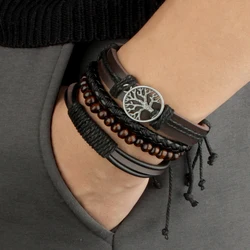 New Raided Wrap Leather Bracelet For Men Vintage Life Tree Rudder Charm Wood Beads Ethnic Tribal Wristband Rope Bracelet Jewelry
